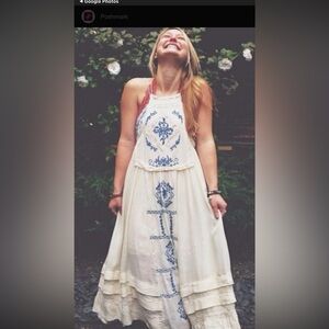 Free People diamonds in the sky Cream Halter Maxi Dress with Blue Embroidery